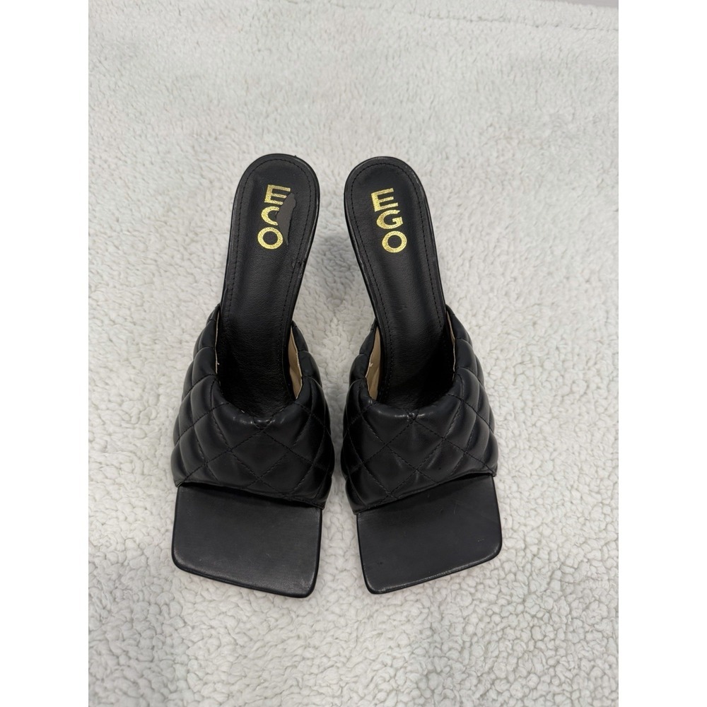 EGO Black Quilted Slide Heels Square Toe Mules Women's Size 11 Slip On Modern
